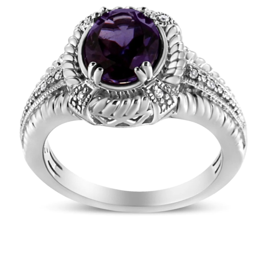 Haus of Brilliance .925 Sterling Silver Oval Amethyst and Diamond Ring Size 9